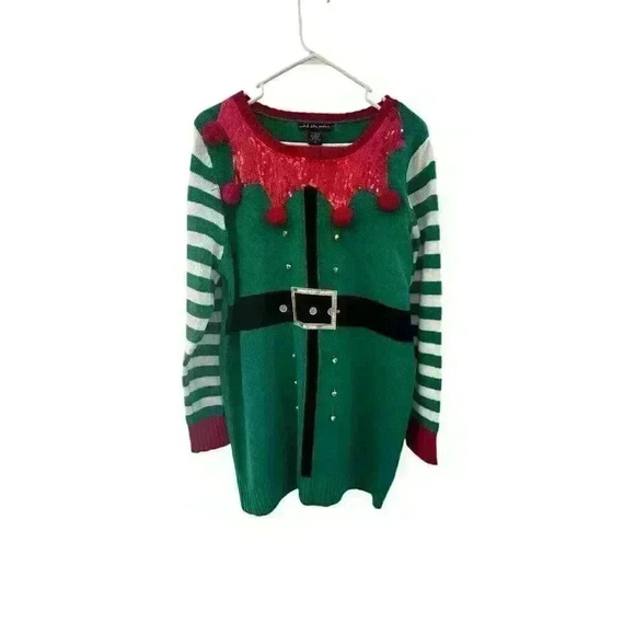 United States Women's‎ Holiday Elf Christmas Ugly Bells PomPoms Sweater Size XL - Picture 1 of 12